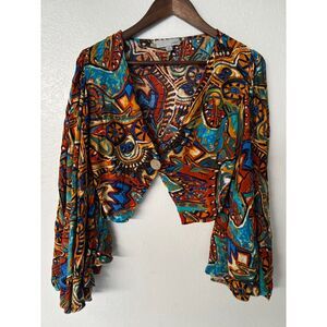 WOMEN LARGE BOHO FESTIVAL BELL SLEEVE PRINT BLOUSE